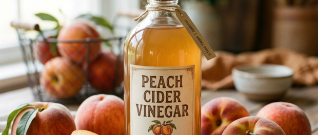 Bottle of peach cider vinegar with fresh peaches on wooden table