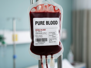 Blood transfusion bag labeled Pure Blood containing whole blood with anticoagulant