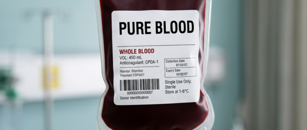 Blood transfusion bag labeled Pure Blood containing whole blood with anticoagulant